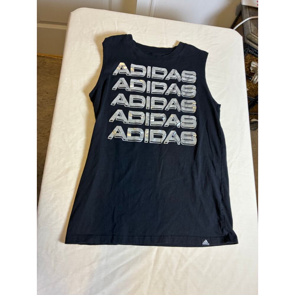 Adidas Tank Top Mens Large Black Repeated Logo Sleeveless Gym Workout Shirt